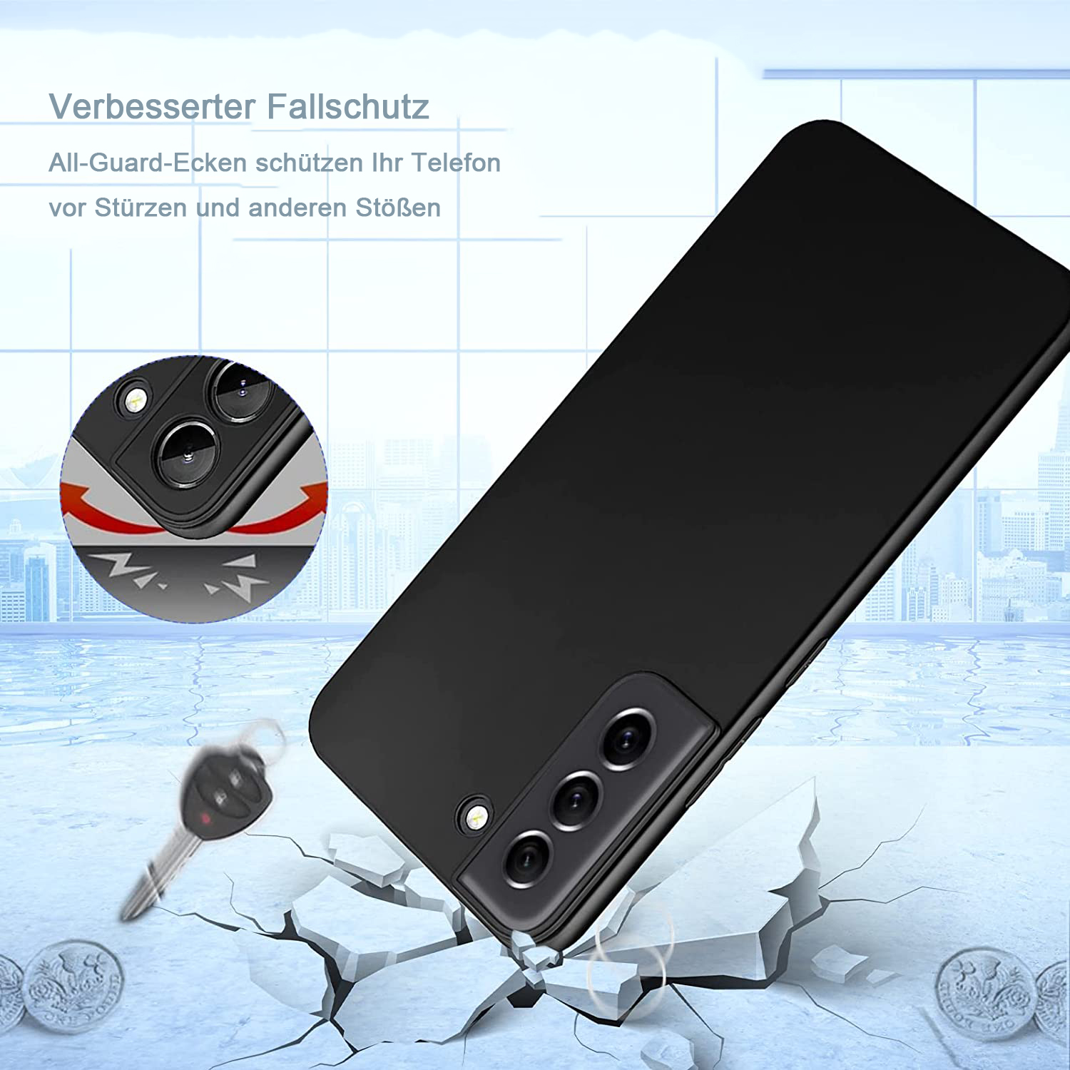 Eine schwarze Handyhülle ist in einem Winkel dargestellt, umgeben von Rissen im Boden. Ein Schlüssel und Münzen sind ebenfalls vorhanden.