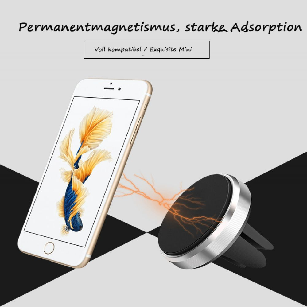 Ein Smartphone mit Fisch-Hintergrund liegt neben einem schwarzen und silbernen Autotelefonhalter. Der Hintergrund ist kariert.