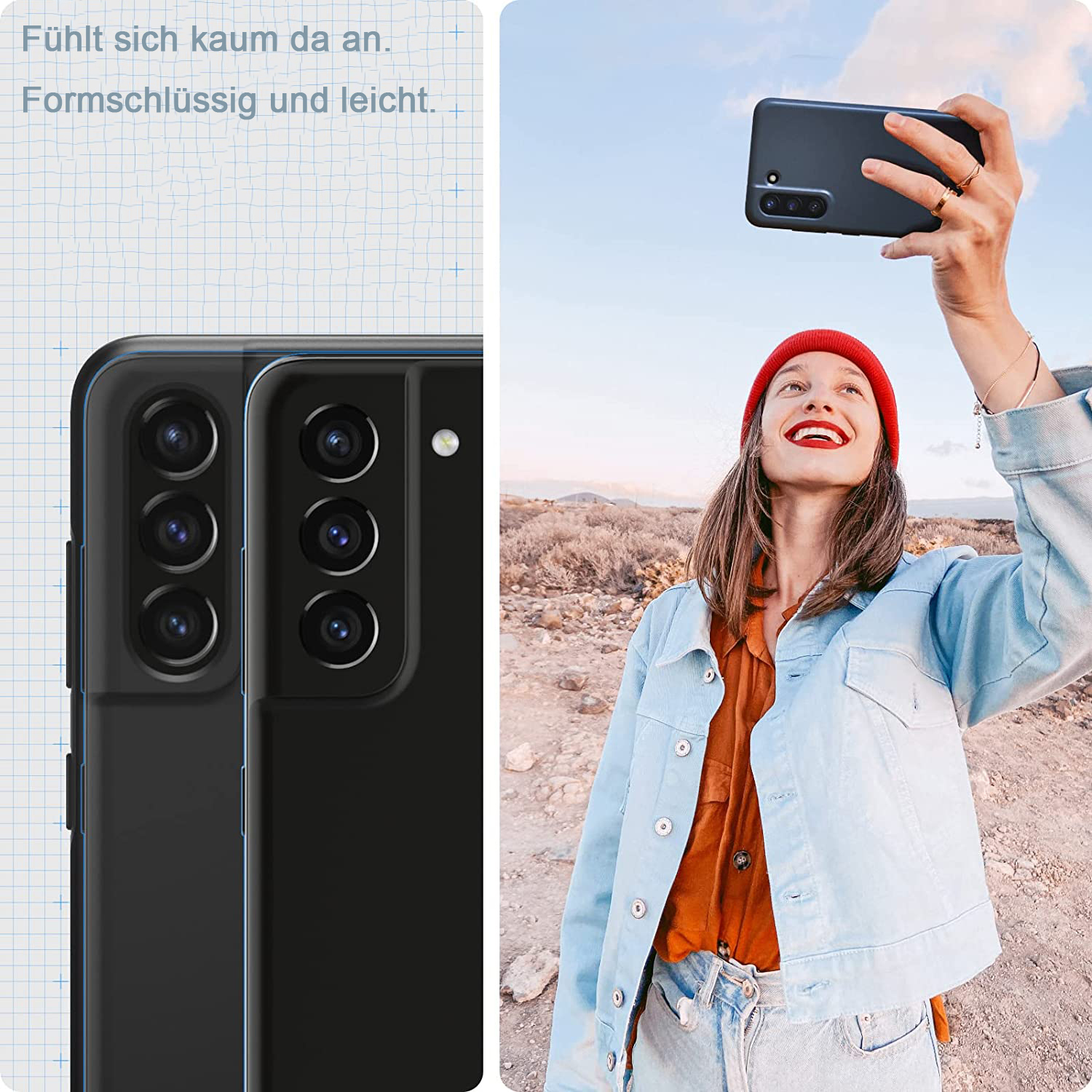 Frau macht Selfie mit Handyhülle. Sie trägt einen roten Hut und eine blaue Jacke. Die Handyhülle ist schwarz. Blauer Himmel im Hintergrund.