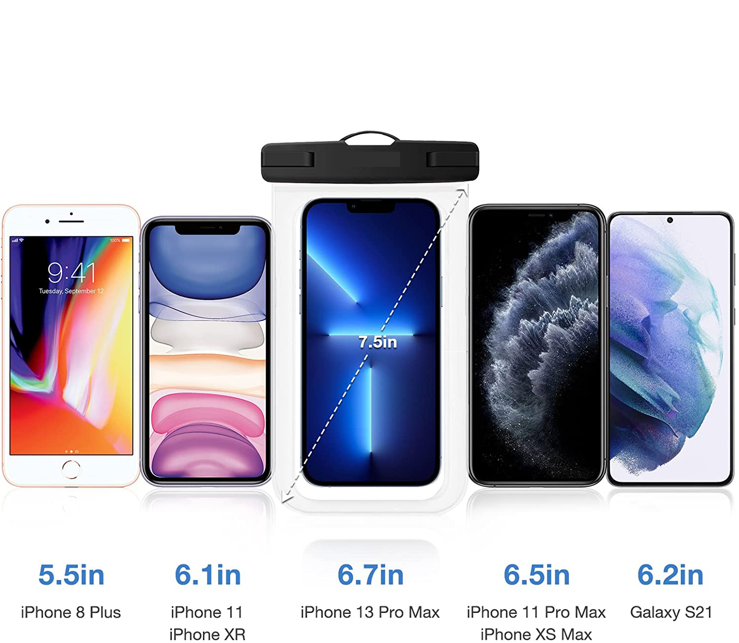 Das Bild zeigt verschiedene Smartphones mit angezeigten Größen. iPhone 8 Plus, iPhone 11, 13 Pro Max, 11 Pro Max und Galaxy S21 sind sichtbar.
