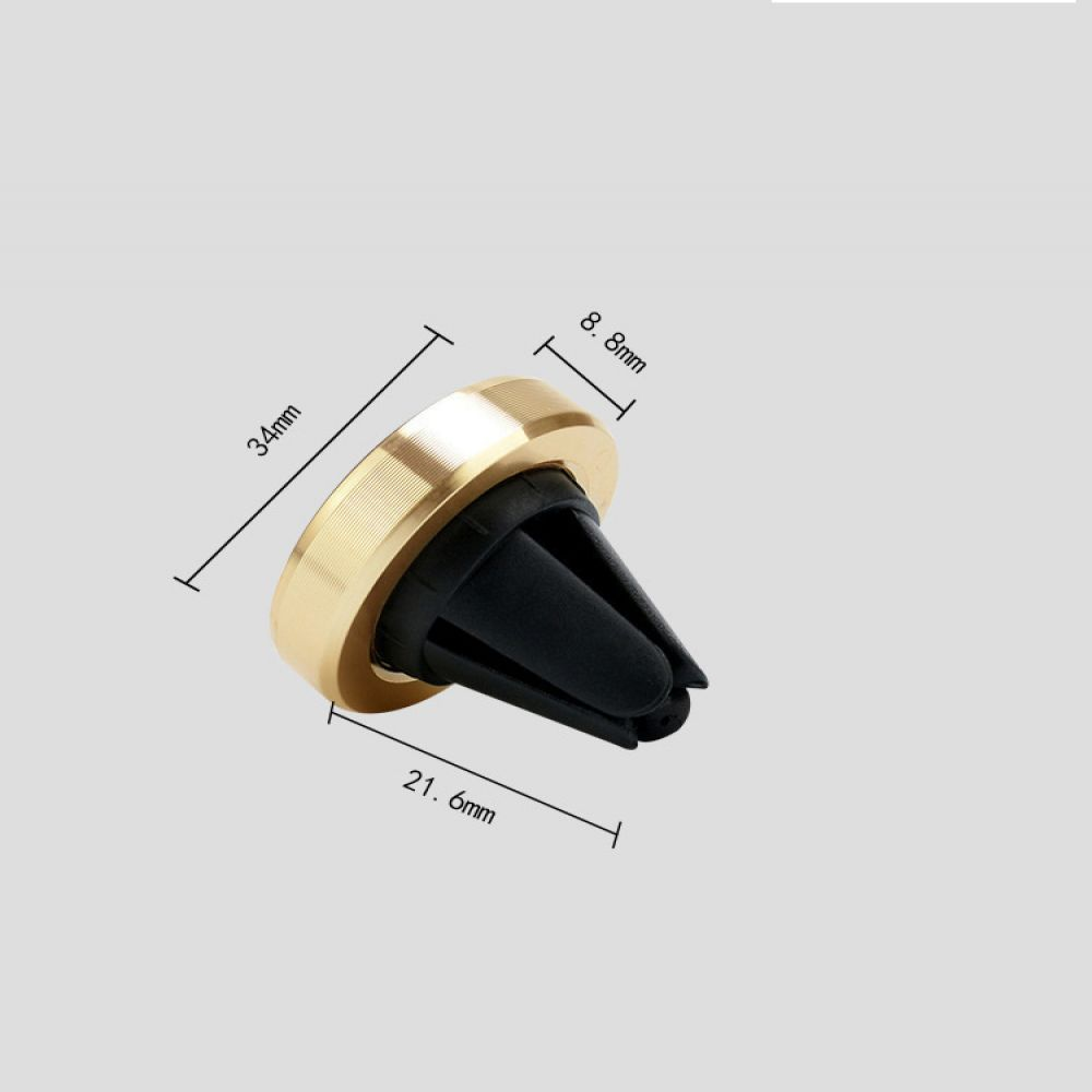 Gezeigt wird ein goldener Handyhalter für die Lüftungsschlitze im Auto mit schwarzen Zinken. Die Maße sind angegeben: 34mm, 21,6mm und 8,8mm.