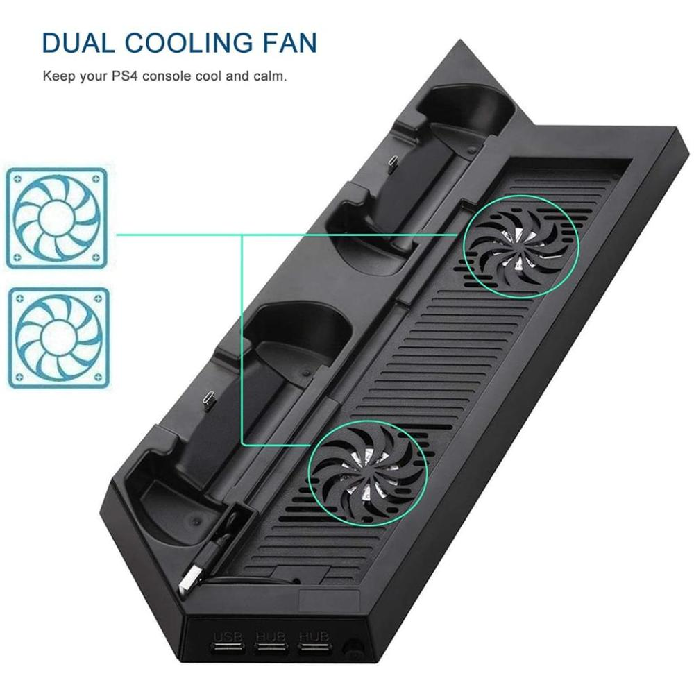 Schwarzer Dual-Lüfter für eine PS4-Konsole. Er hat zwei Lüfter und USB-Anschlüsse. Text lautet 'Dual Cooling Fan'.
