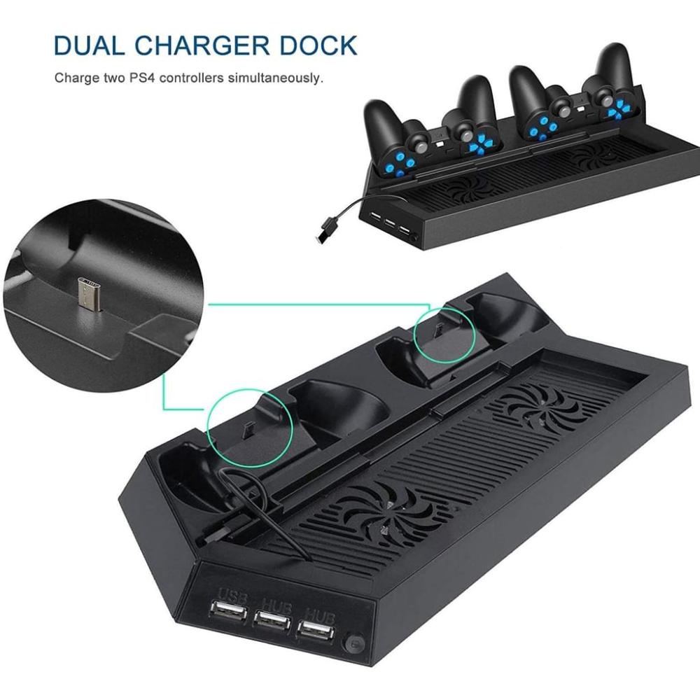 Schwarze Dual-Ladestation für PS4-Controller. Es hat USB-Anschlüsse und einen Lüfter. Oben werden zwei Controller geladen.