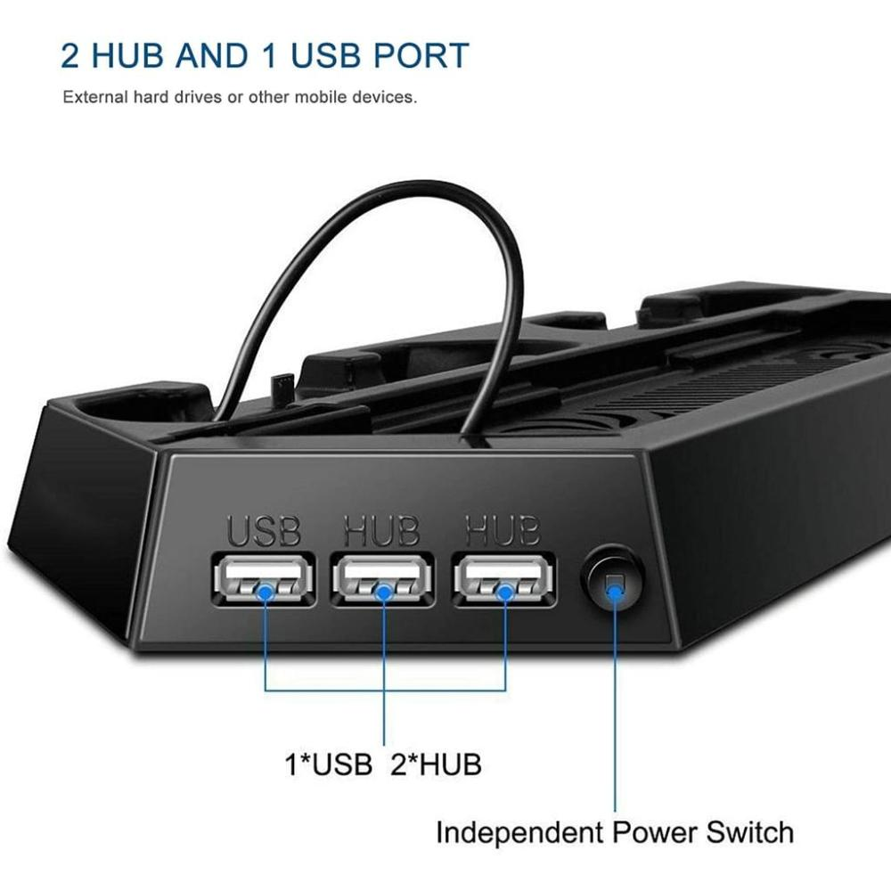 Schwarzer USB-Hub mit 1 USB-Anschluss und 2 HUB-Anschlüssen. Der Text beschriftet die Anschlüsse. Das Bild zeigt einen Netzschalter und ein schwarzes Kabel.
