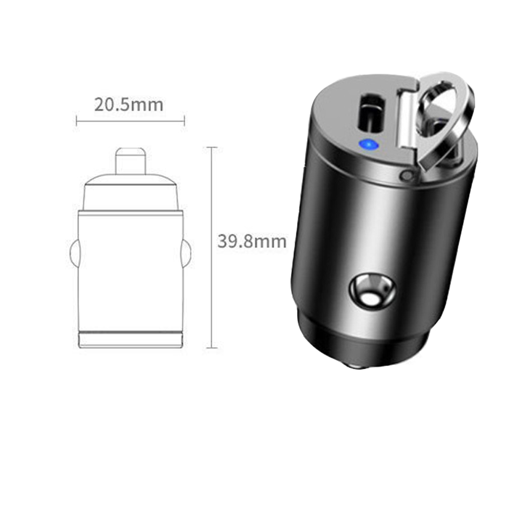 Ein schwarzes Autoladegerät mit USB-Anschluss und Metallschlaufe. Abmessungen: 20,5 mm x 39,8 mm. Ein Diagramm ist ebenfalls vorhanden.