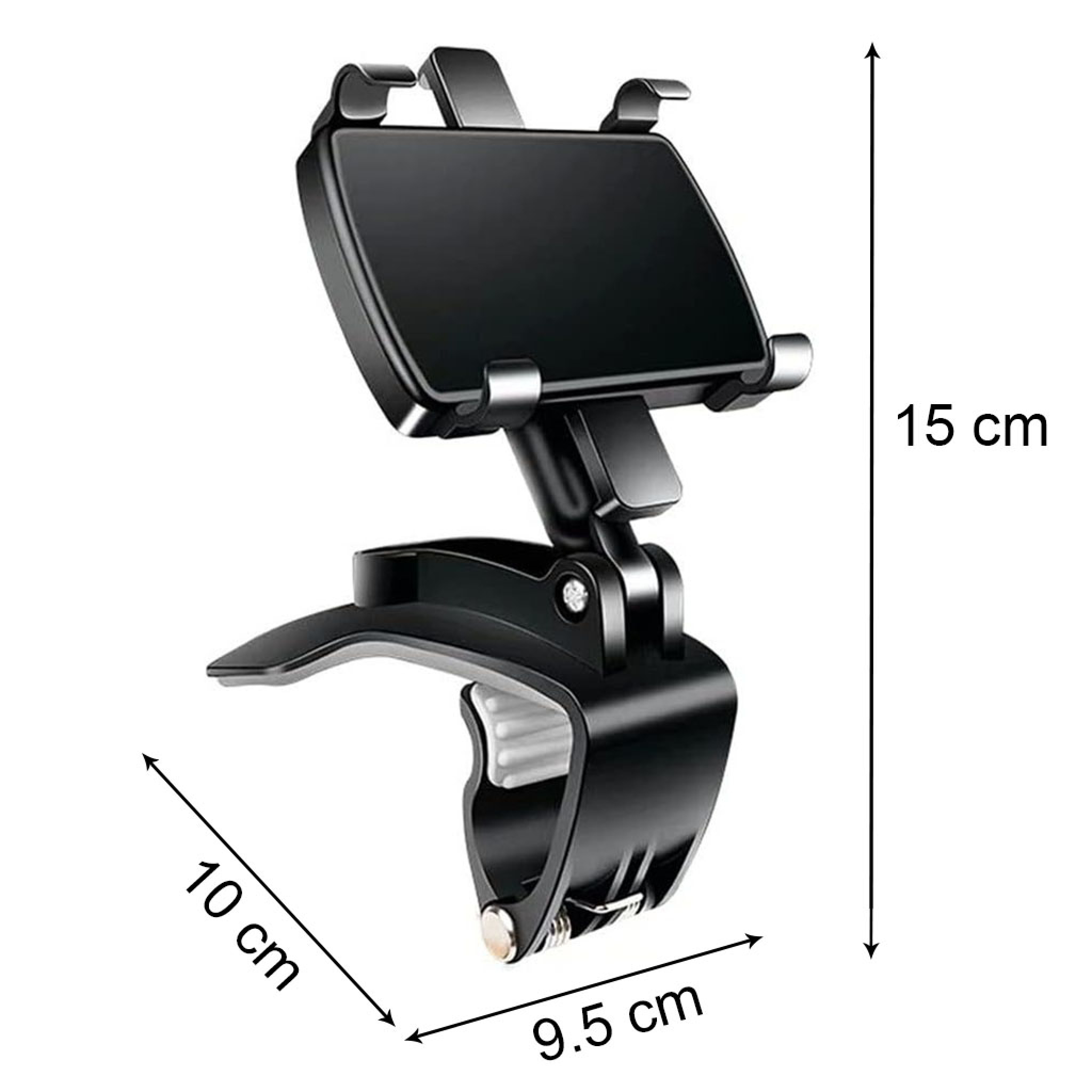 Schwarzer Telefonhalter mit verstellbaren Armen. Er ist 15 cm hoch, 10 cm breit und 9,5 cm tief. Der Halter besteht aus Kunststoff.