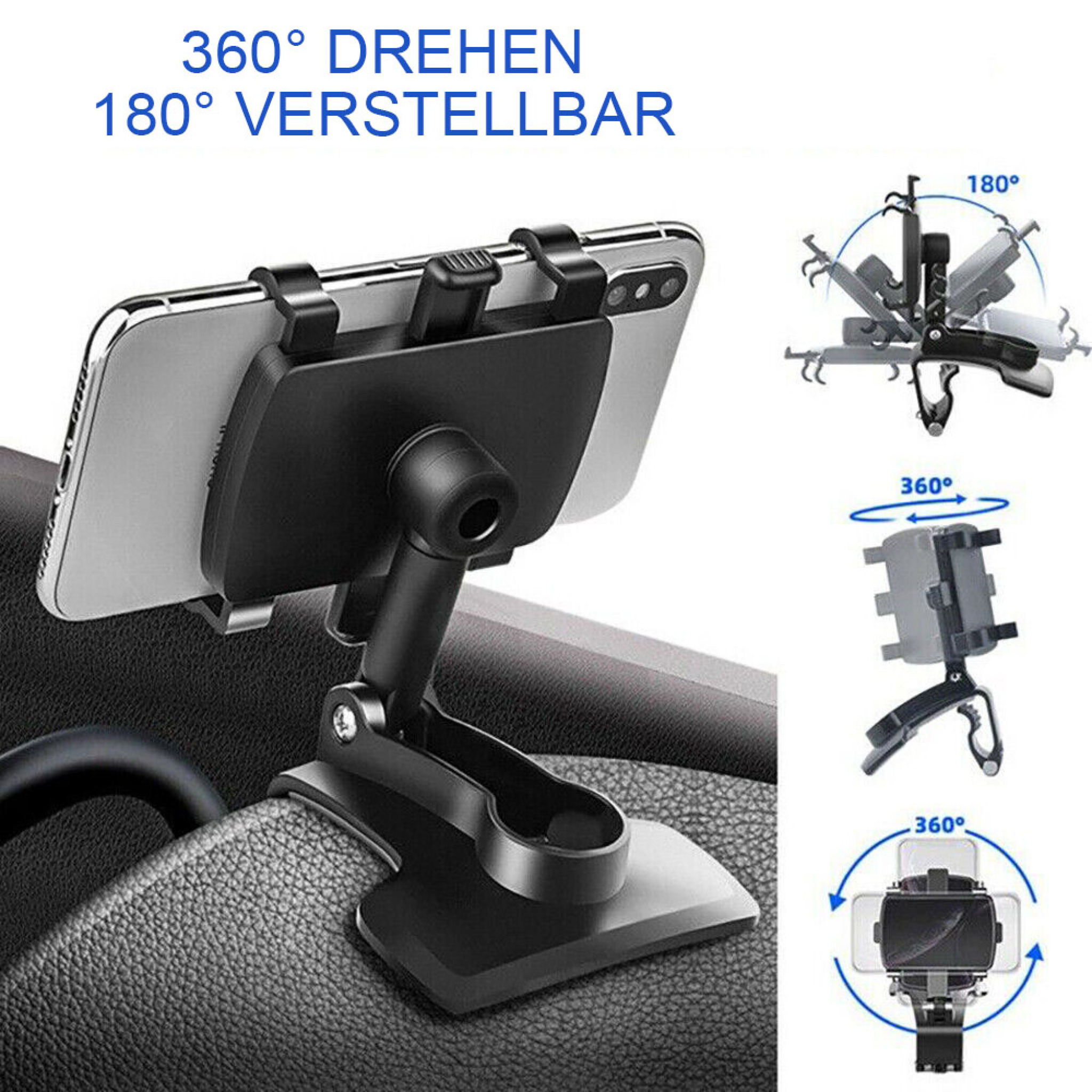 Schwarzer Telefonhalter für ein Auto, der ein Telefon hält. Text: 360° drehbar und 180° verstellbar. Diagramme zeigen die Drehung.