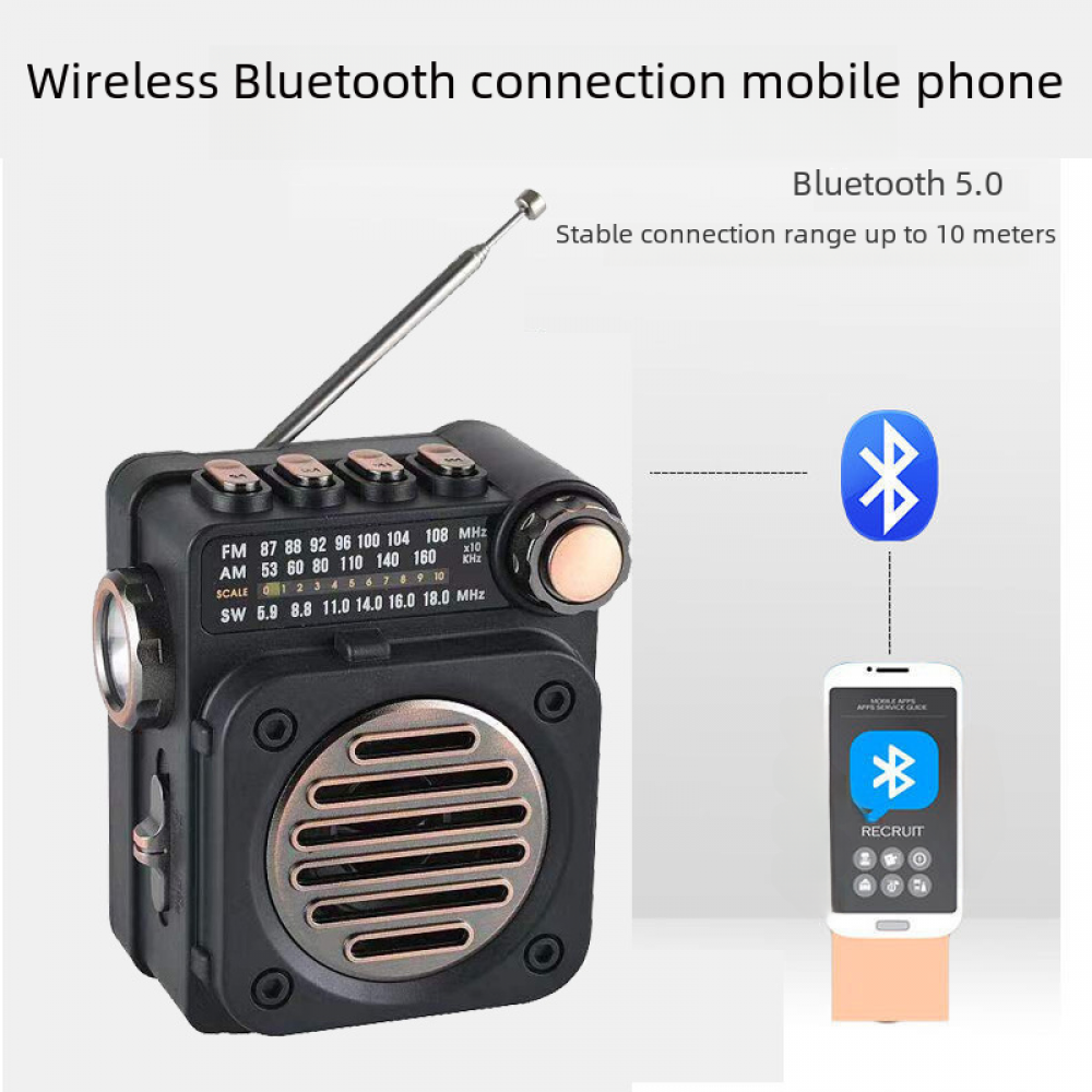 Ein schwarzes Radio mit Lautsprecher, Antenne und Knöpfen. Ein Telefon zeigt ein Bluetooth-Symbol, was eine drahtlose Verbindung anzeigt.