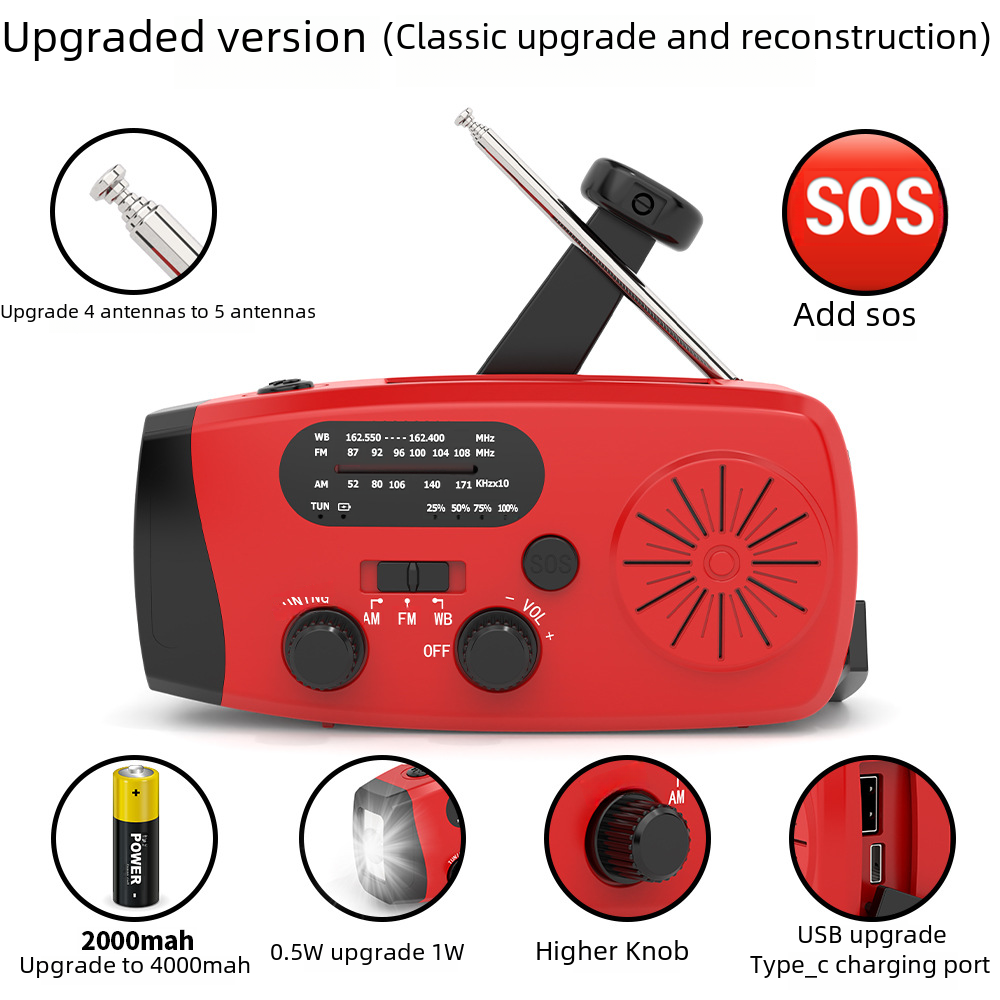 Rotes Notfallradio mit Upgrades: Antenne, Batterie, Taschenlampe, Knopf und USB-Anschluss. SOS-Taste und Frequenzanzeige sichtbar.