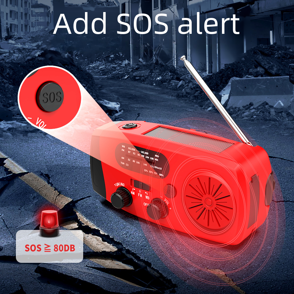Ein rotes Notfallradio mit SOS-Taste, Sirene und Einstellrad, mit Erdbebenhintergrund.