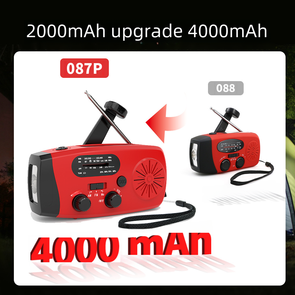 Das Bild zeigt zwei rote Radios. Das linke ist mit 087P beschriftet. Das rechte Radio ist mit 088 beschriftet. Text: 2000mAh-Upgrade 4000mAh.