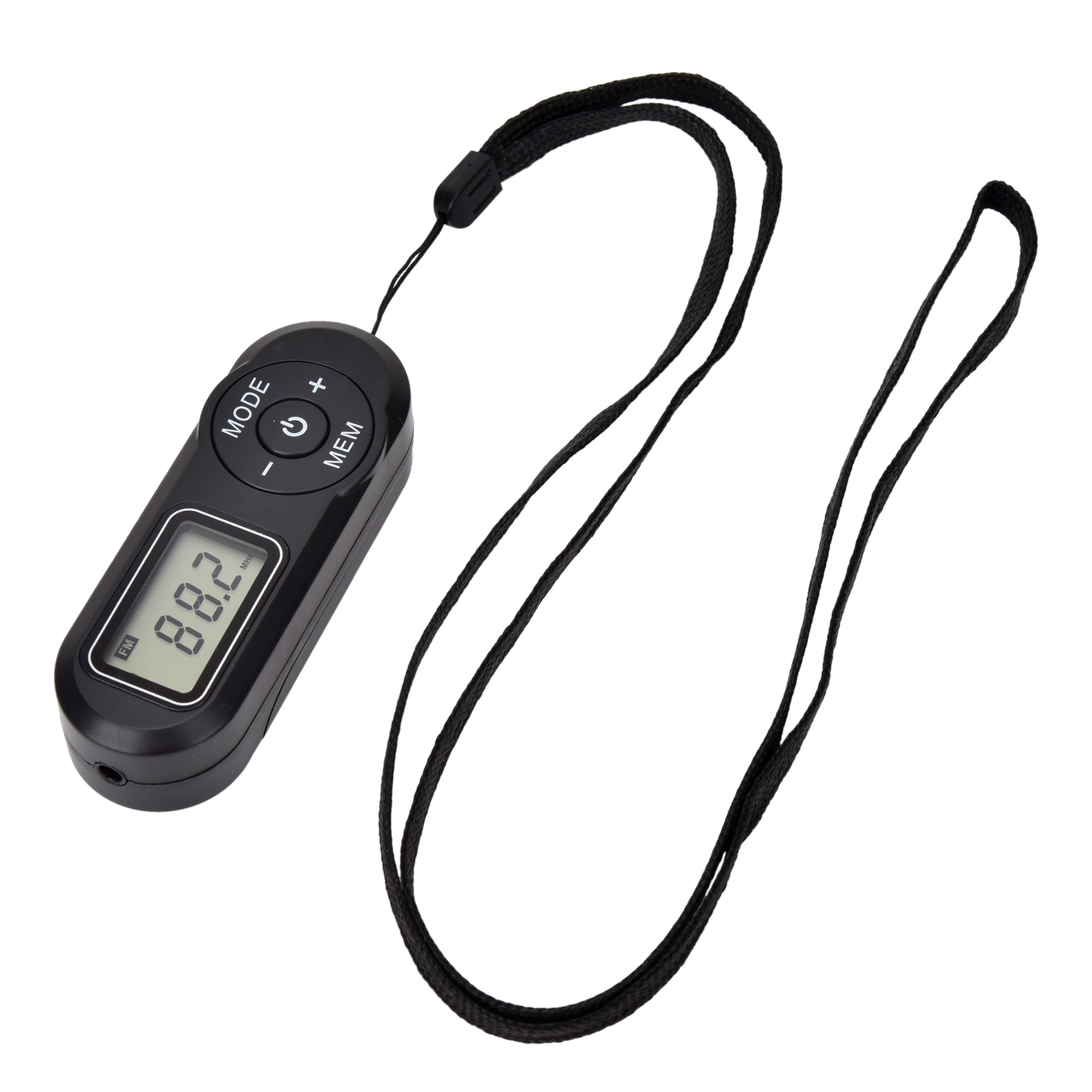 Ein schwarzes UKW-Radio mit einem Display, das 88,2 MHz anzeigt. Es hat Tasten für Modus, Ein/Aus und Speicher sowie ein schwarzes Lanyard.