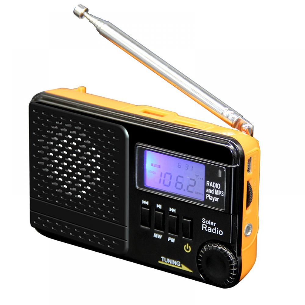 Ein Solar-Radio mit Digitalanzeige, die 106,2 MHz anzeigt. Es hat Tasten, einen Abstimmknopf und eine Antenne. Schwarz und Orange dominieren.