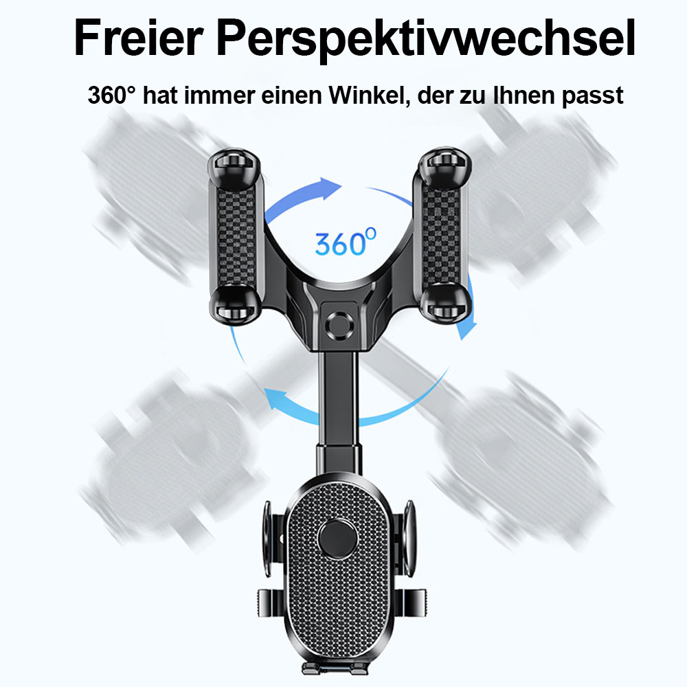 Ein schwarzer Autotelefonhalter mit 360° Drehung. Text oben besagt: 'Freier Perspektivwechsel'.