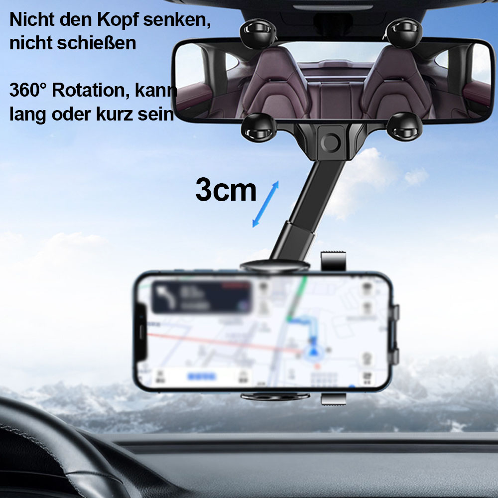 Ein Telefon ist unter dem Rückspiegel montiert und zeigt eine Karte an. Der Spiegel reflektiert den Innenraum des Autos.