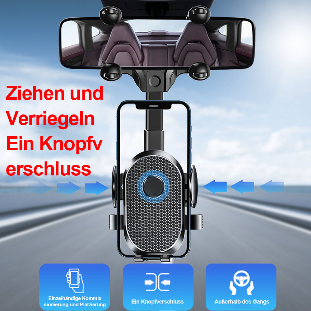 Handyhalterung am Rückspiegel. Merkmale: Ein-Knopf-Verriegelung, einfache Platzierung, und außerhalb des Ganges erreichbar.