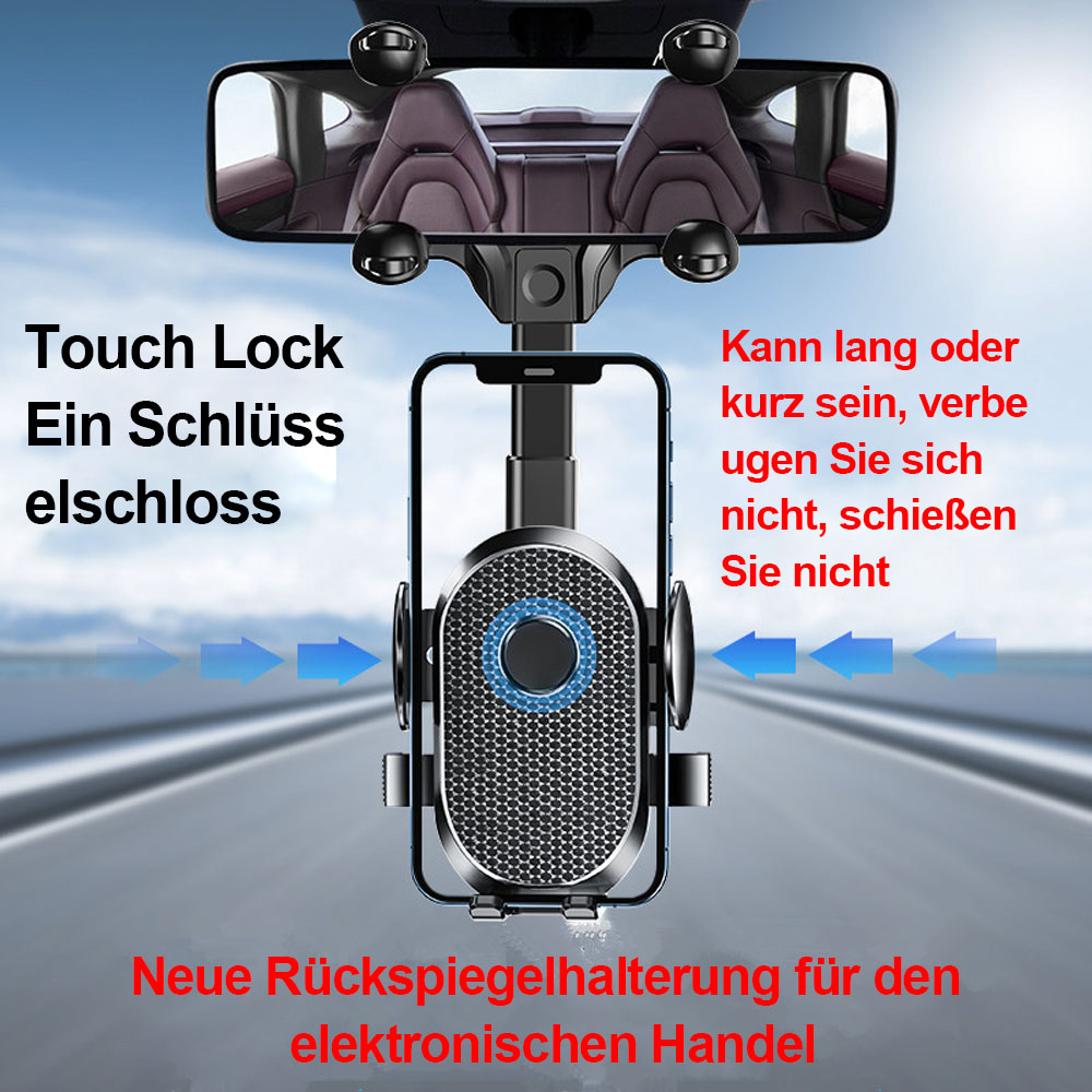 Ein Handyhalter für Autos wird gezeigt, der an einem Rückspiegel montiert ist. Text auf Deutsch ist sichtbar. Der Hintergrund zeigt den Innenraum des Autos.