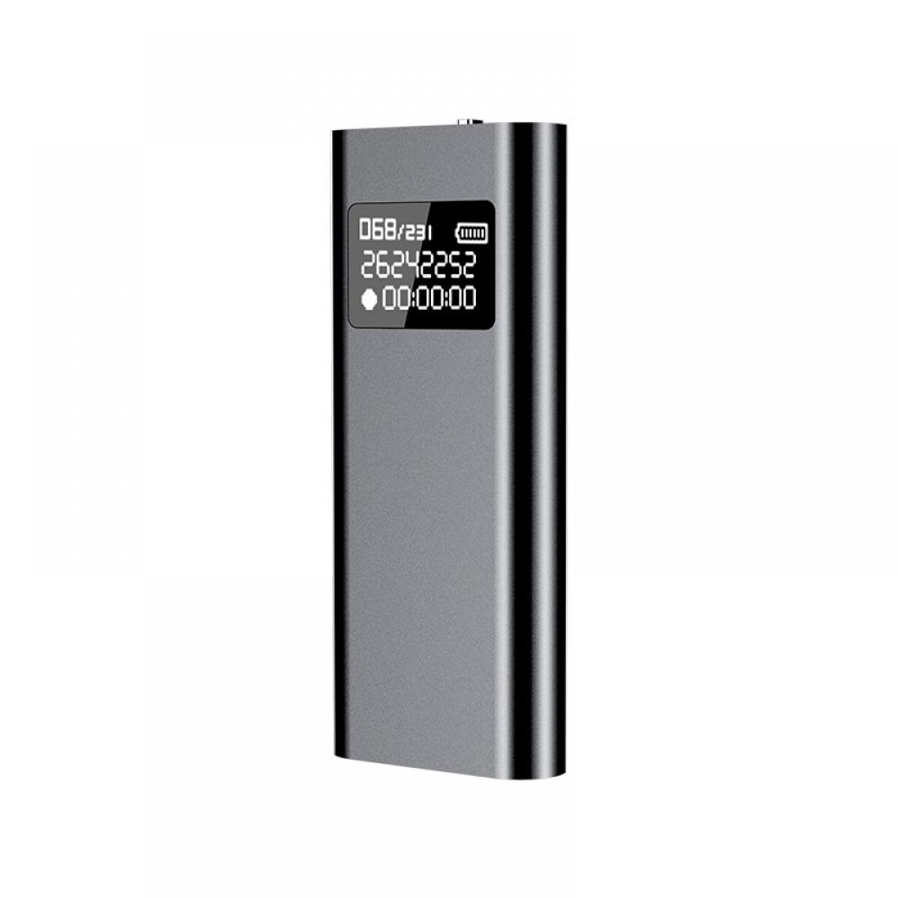 Ein graues digitales Aufnahmegerät mit einem Bildschirm, der Zahlen, den Batteriestatus und einen Timer anzeigt. Das Gerät ist rechteckig.