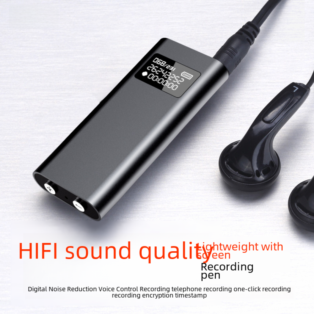 Ein schwarzes digitales Diktiergerät mit angeschlossenen Ohrhörern. Es verfügt über ein Display mit Uhrzeit und Aufnahmestatus und Text: HiFi-Klangqualität.