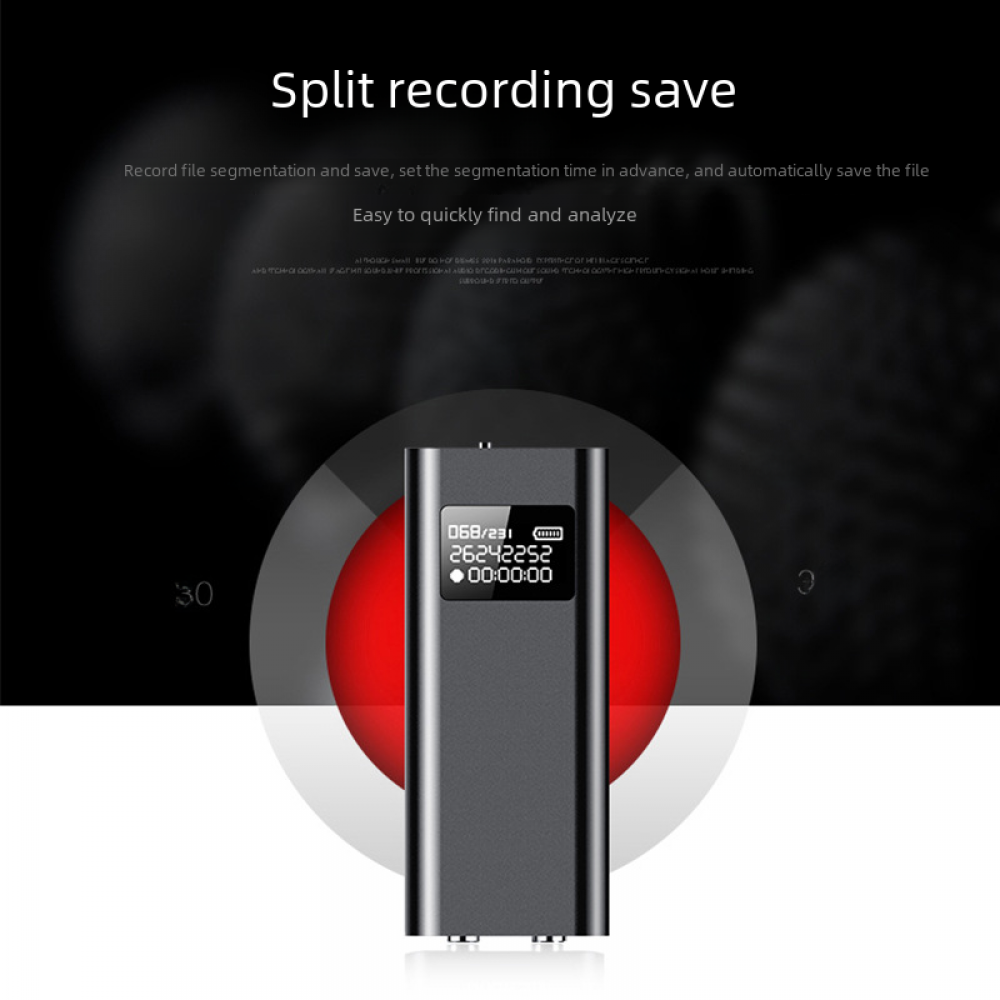 Ein schwarzes Aufnahmegerät wird mit einem Bildschirm mit Zahlen angezeigt. Der Text oben lautet 'Split recording save'.