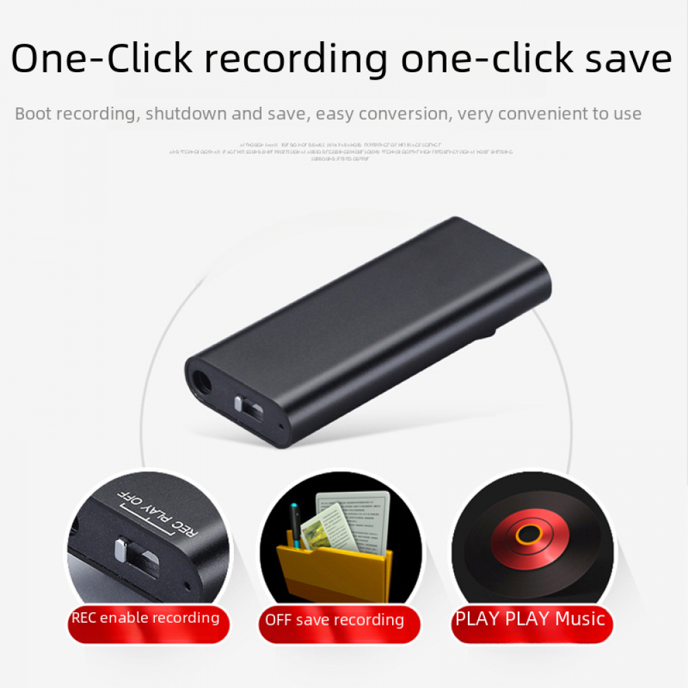Ein schwarzes Aufnahmegerät mit drei Symbolen, die Aufnahme, Speichern und Musikwiedergabe zeigen. Textüberlagerung lautet 'One-Click recording'.