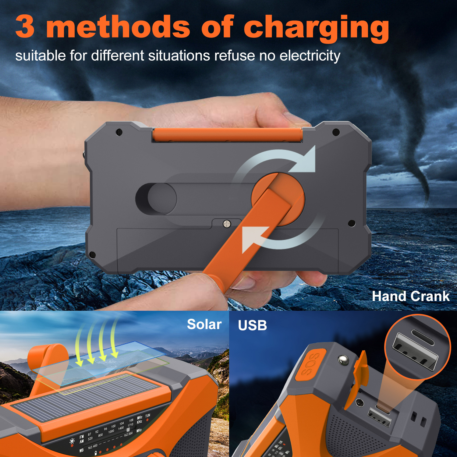 Ein grau-oranges Radio mit Handkurbel, Solar- und USB-Ladeoptionen. Im Hintergrund ist ein Tornado zu sehen.