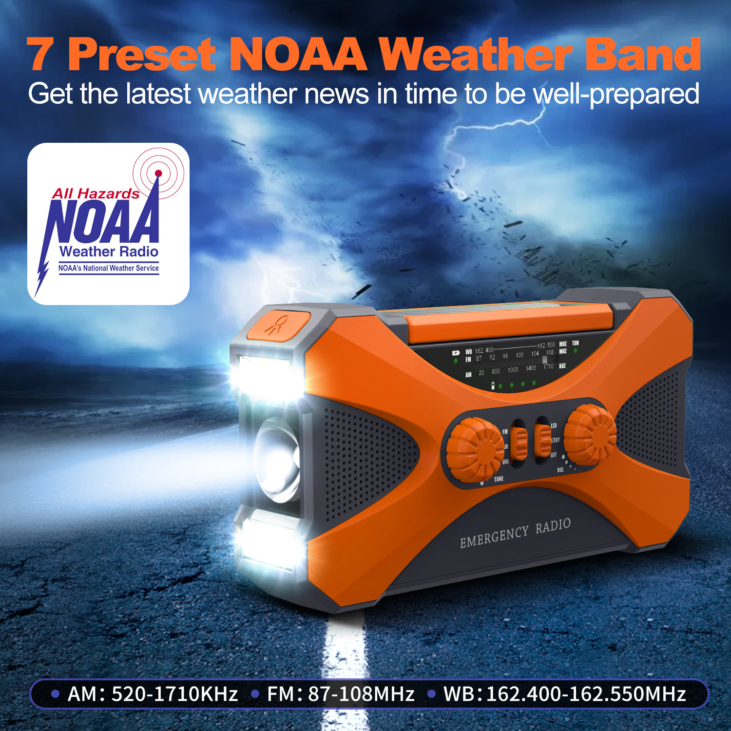 Ein orangefarbenes Notfallradio mit NOAA-Logo, Lichtern und Frequenzbändern. Text: 7 Voreinstellungen NOAA Weather Band.