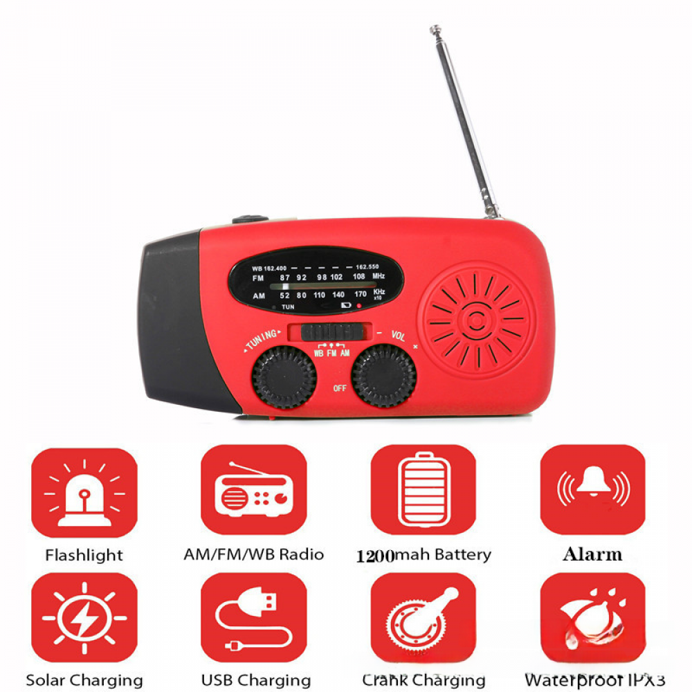 Rotes Notfallradio mit Antenne, Einstellknöpfen und Lautsprecher. Zu den Funktionen gehören Taschenlampe, AM/FM/WB-Radio, 1200-mAh-Akku, Alarm und Aufladen.