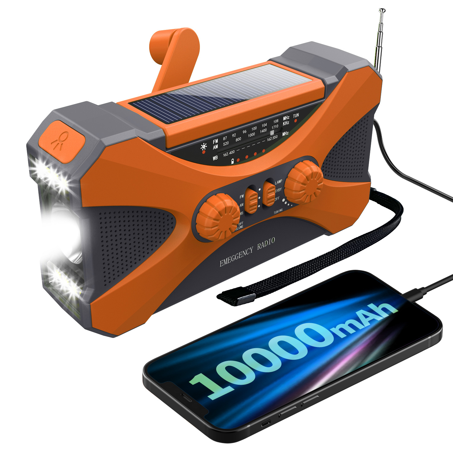 Ein orangefarbenes Notfallradio mit Solarpanel und Taschenlampe lädt ein Telefon auf, auf dessen Bildschirm 10000 mAh steht.