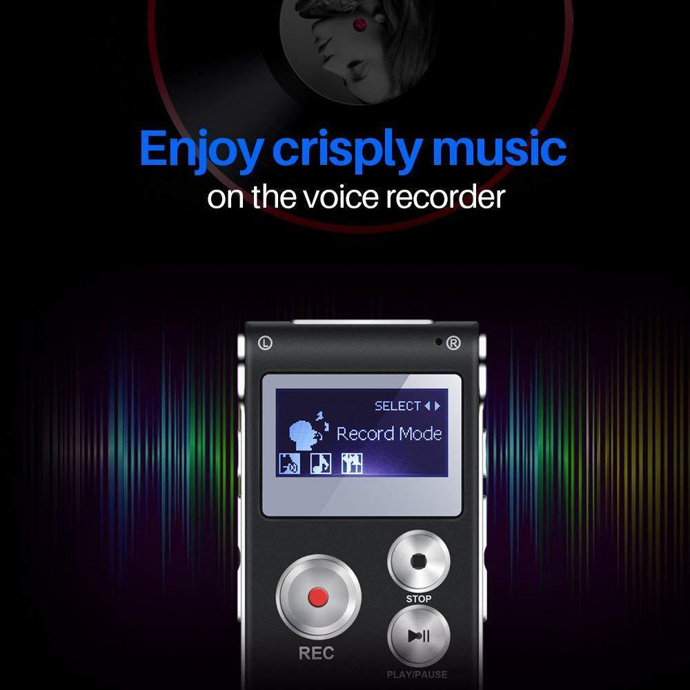 Ein schwarzes Aufnahmegerät mit Bildschirm zeigt 'Record Mode'. Text oben sagt 'Enjoy crisply music'. Knöpfe umfassen 'REC' und 'PLAY/PAUSE'.