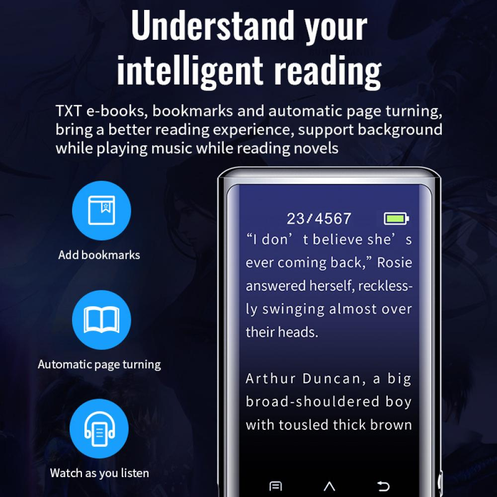 Ein E-Book-Reader zeigt Text. Zu den Funktionen gehören Lesezeichen, Seitenumschaltung und Zuhören. Der Text lautet: 'I don't believe she's ever coming back.'