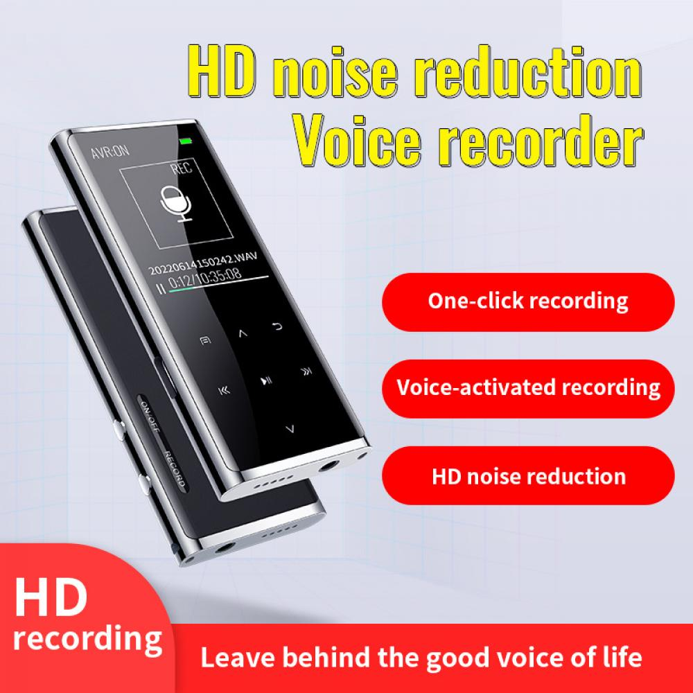 Ein schwarzes Aufnahmegerät mit Bildschirm, Text: 'HD-Rauschunterdrückung Voice Recorder' und rote Textblasen: 'One-Click-Aufnahme'.