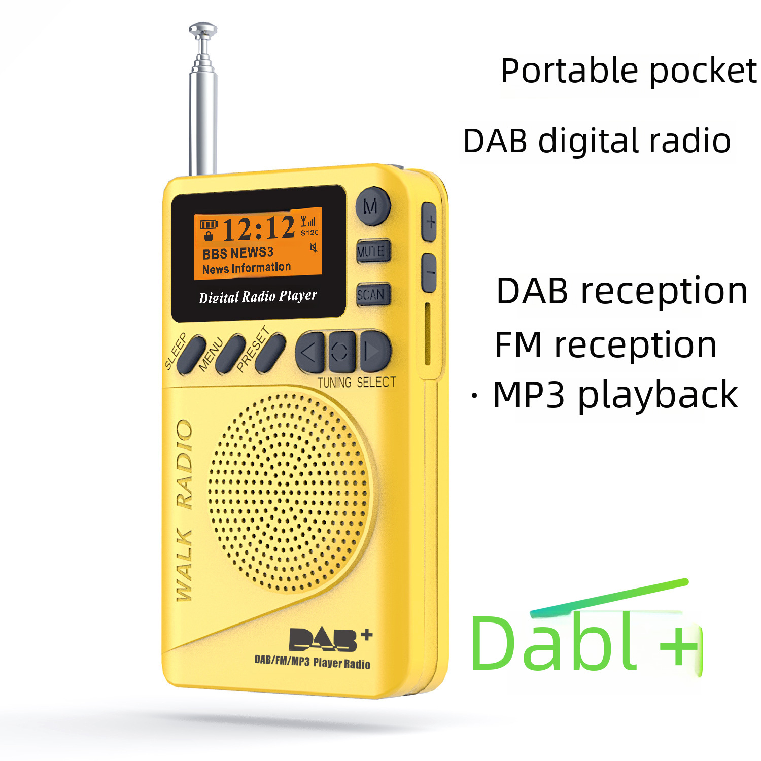Ein gelbes tragbares DAB-Radio mit Bildschirm, der Zeit, Sender und Text anzeigt. Es hat Knöpfe und eine Antenne. Text: DAB, FM, MP3-Wiedergabe.