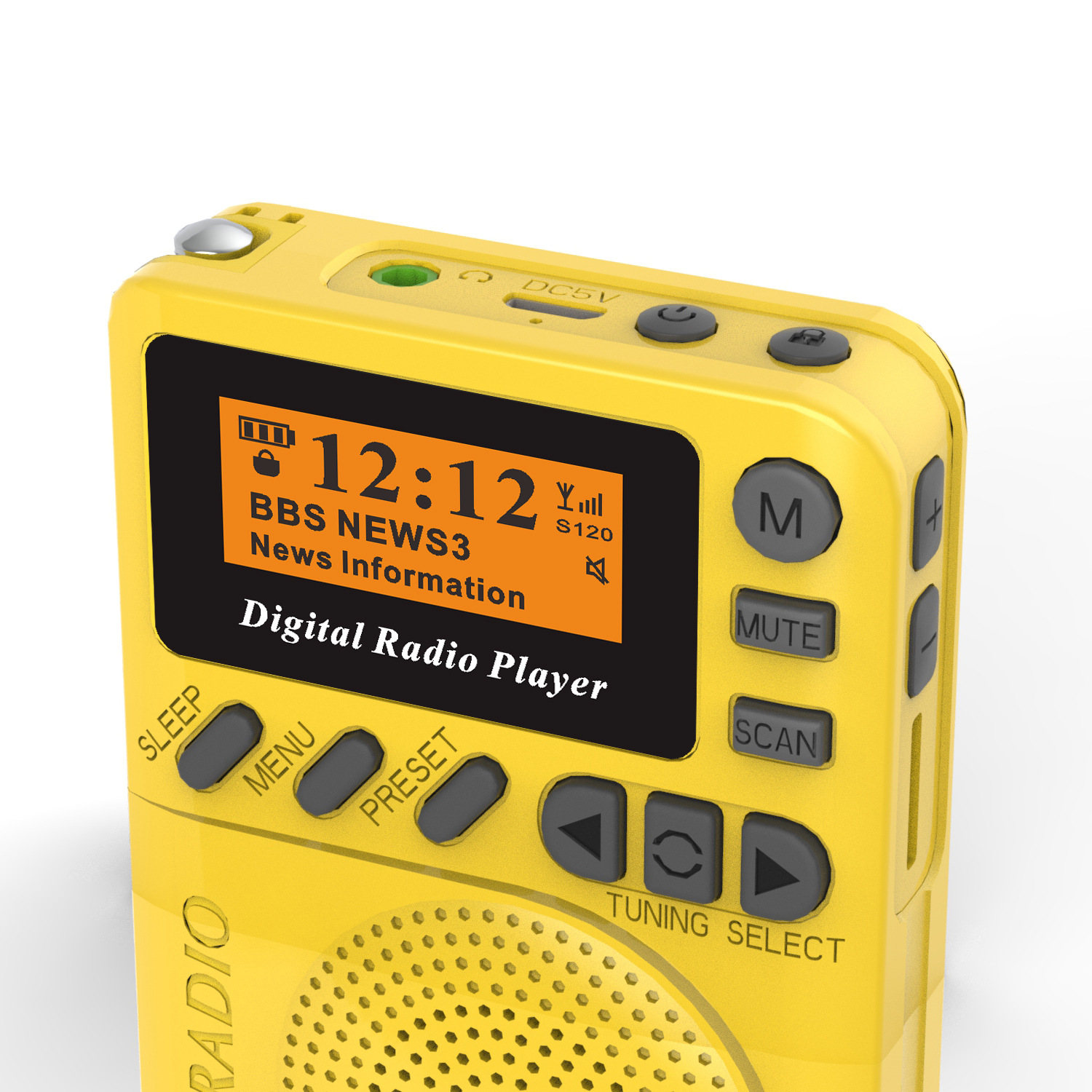 Gelber digitaler Radio-Player mit Bildschirm, der Zeit und News-Infos anzeigt. Knöpfe für Schlaf, Menü, Voreinstellung, Stummschaltung und Scan.