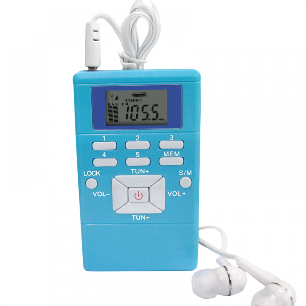 Ein blaues Radio mit digitaler Anzeige von 105,5 MHz. Kopfhörer und weißes Kabel sind angeschlossen. Knöpfe sind vorhanden.