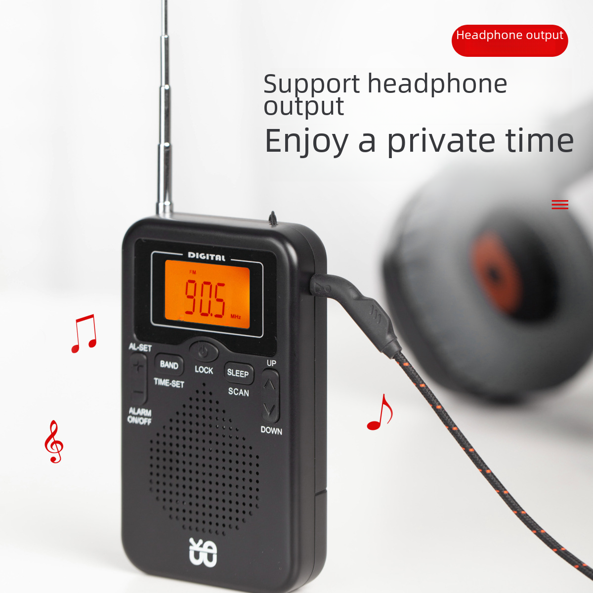 Ein schwarzes Radio mit Antenne zeigt 90,5 MHz an. Ein Kopfhörer ist angeschlossen. Rote Noten und der Text 'Headphone output' sind sichtbar.