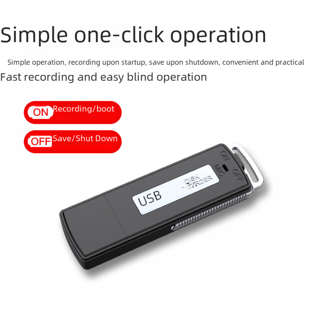 Ein schwarzes USB-Sprachaufnahmegerät mit Ein-/Ausschalter und Aufnahme-/Speichertasten. Text: 'Einfache Ein-Klick-Bedienung'.