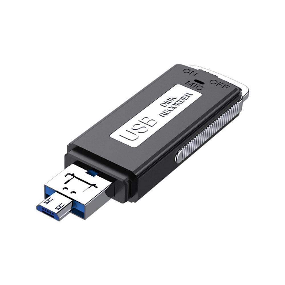 Ein schwarzer USB-Festplattenrekorder mit einem silbernen USB-Anschluss. Er hat einen Ein-/Ausschalter und die Beschriftung MIC.
