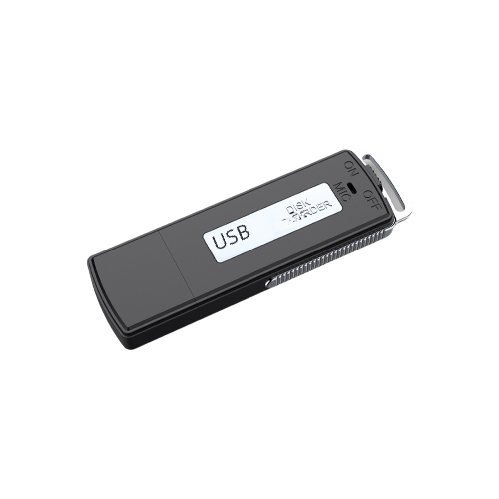 Ein schwarzes USB-Sprachaufzeichnungsgerät mit dem Wort USB darauf. Es hat Ein/Aus- und Mikrofonoptionen. Der Hintergrund ist weiß.