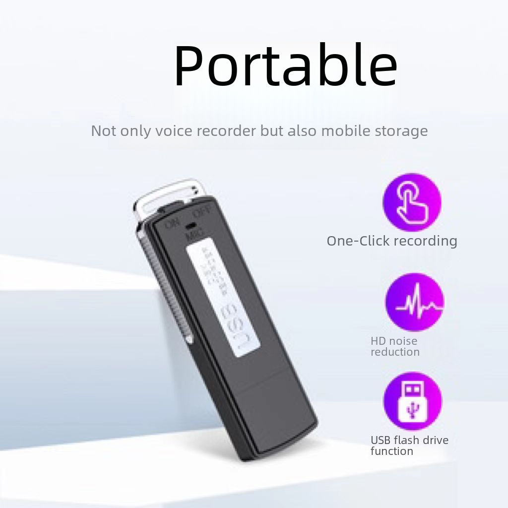 Ein schwarzes Aufnahmegerät mit USB auf weißem Untergrund. Text: 'Portable', und Funktionen wie One-Click-Aufnahme und Rauschunterdrückung.
