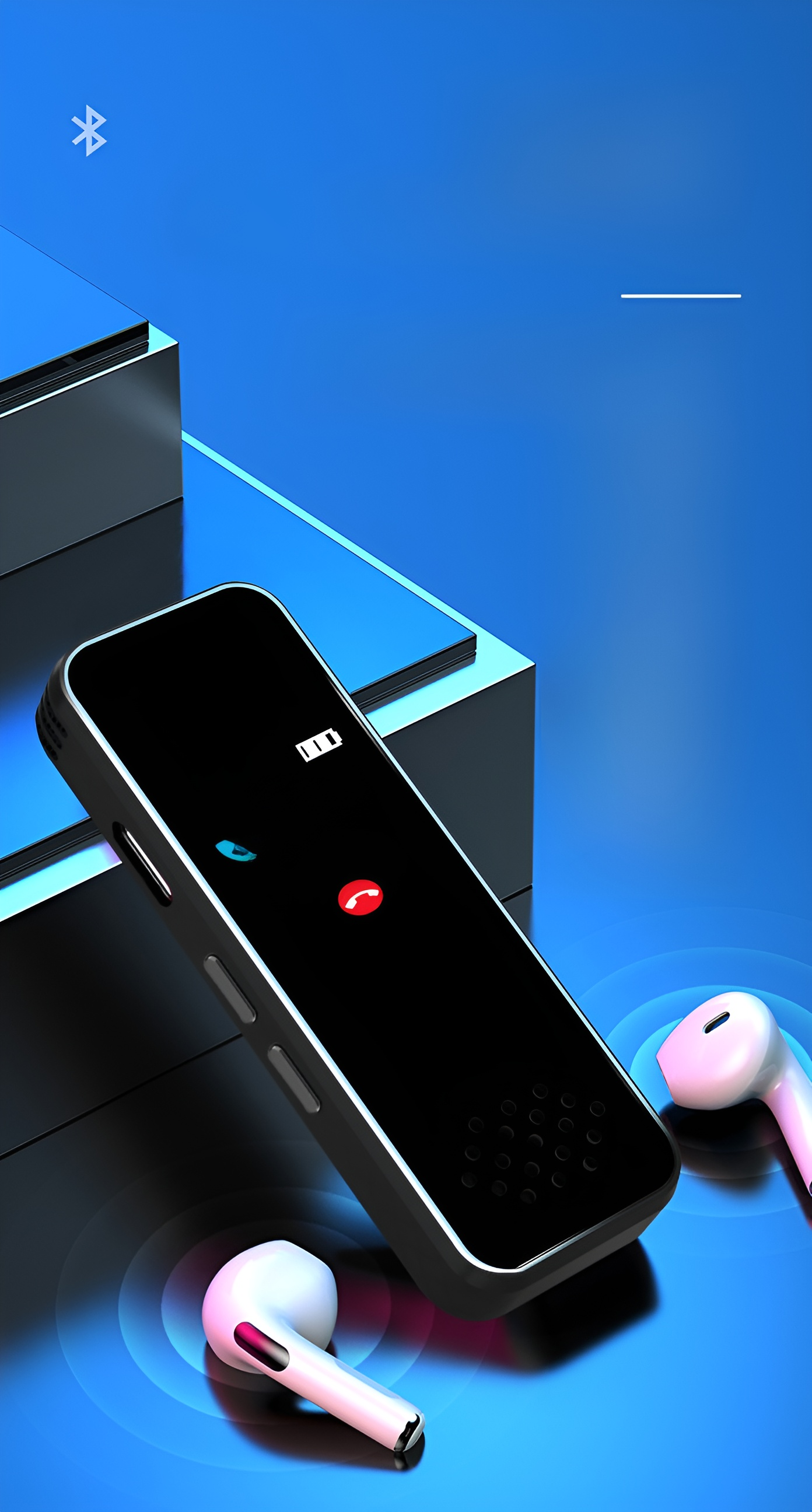 Schwarzes Telefon mit Anrufbildschirm, weiße Ohrhörer auf blauem Untergrund. Bluetooth-Symbol oben links.