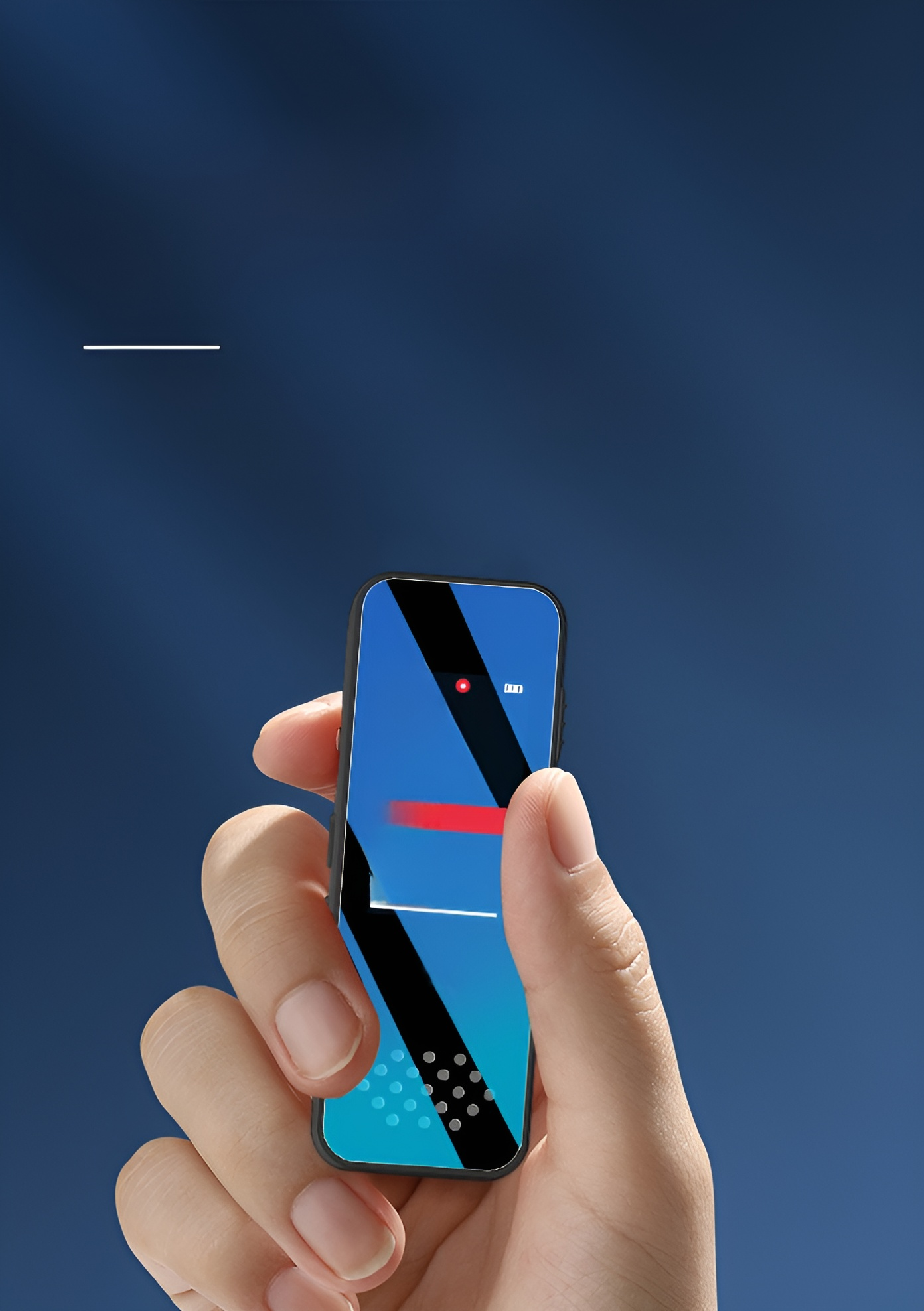 Eine Hand hält ein kleines Gerät mit blauem Bildschirm. Es hat schwarze Akzente und eine rote Linie. Der Hintergrund ist blau.
