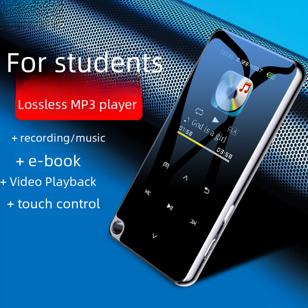 Ein schwarzer MP3-Player mit Bildschirm, der Musikinformationen anzeigt. Der Text lautet 'Für Studenten', 'Verlustfreier MP3-Player' und Funktionen wie E-Book.