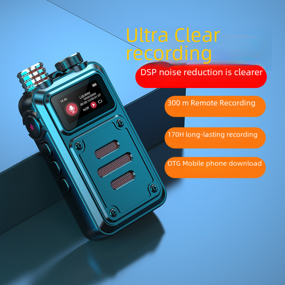 Ein türkisfarbener digitaler Sprachrekorder mit kleinem Bildschirm. Text enthält 'Ultra Clear recording', 'DSP noise reduction' und '300m Remote Recording'.