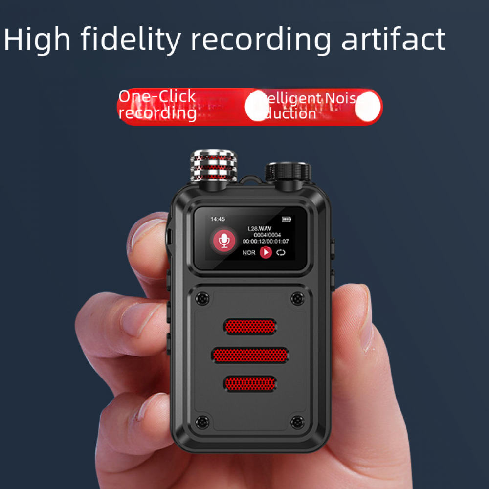 Eine Hand hält ein schwarzes Aufnahmegerät. Es hat einen Bildschirm mit Aufnahmedetails. Oben hebt ein roter Balken 'One-Click recording' hervor.