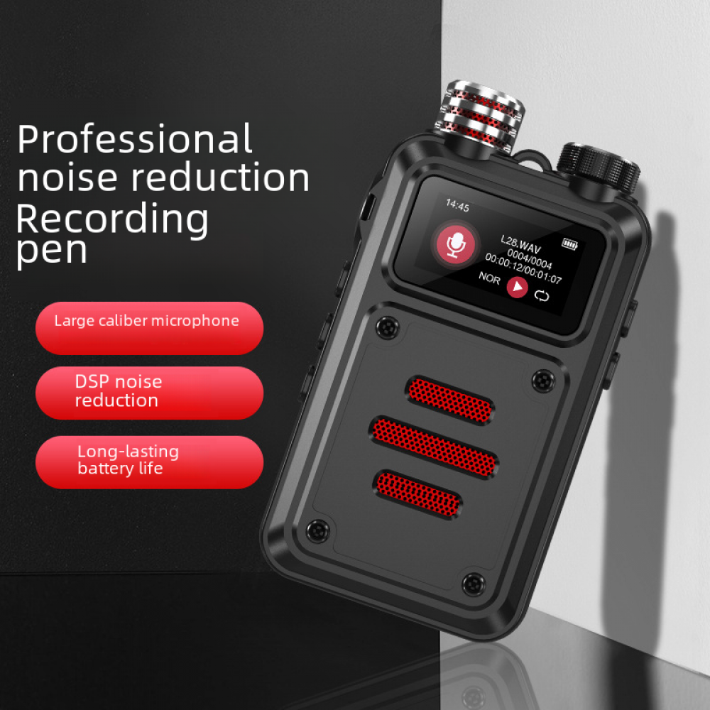 Schwarzer Aufnahmestift mit roten Akzenten. Er hat einen Bildschirm und drei Knöpfe mit der Aufschrift 'Large caliber microphone', 'DSP noise reduction' und 'Long-lasting battery life'.