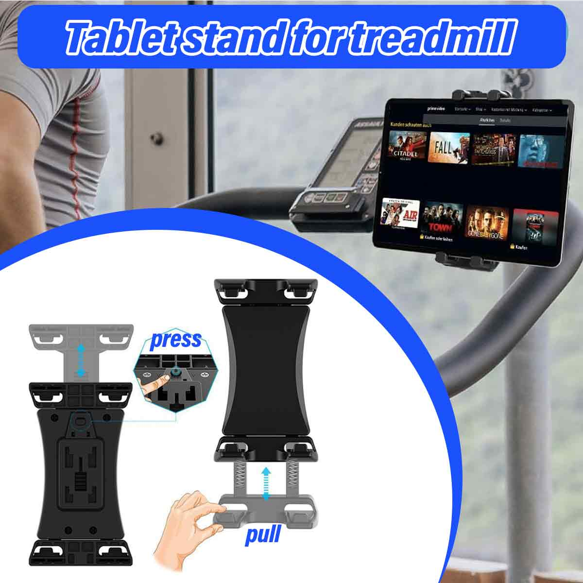 Ein Tablet ist auf einem Laufband montiert. Ein Diagramm zeigt, wie man den Ständer drückt und zieht. Der Tablet-Bildschirm zeigt Filme.