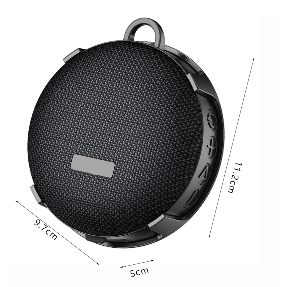 Schwarzer, runder Lautsprecher mit Griff. Abmessungen: 11,2 cm, 9,7 cm und 5 cm. Mit Knöpfen und Mesh-Design.