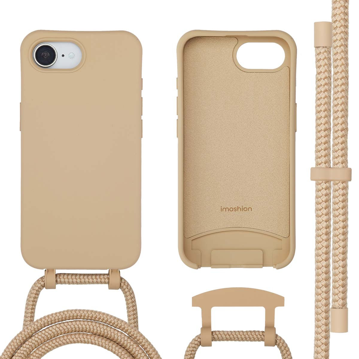 Een beige telefoonhoesje met een geweven koord. De hoes zit naast een leeg hoesje en een koord.