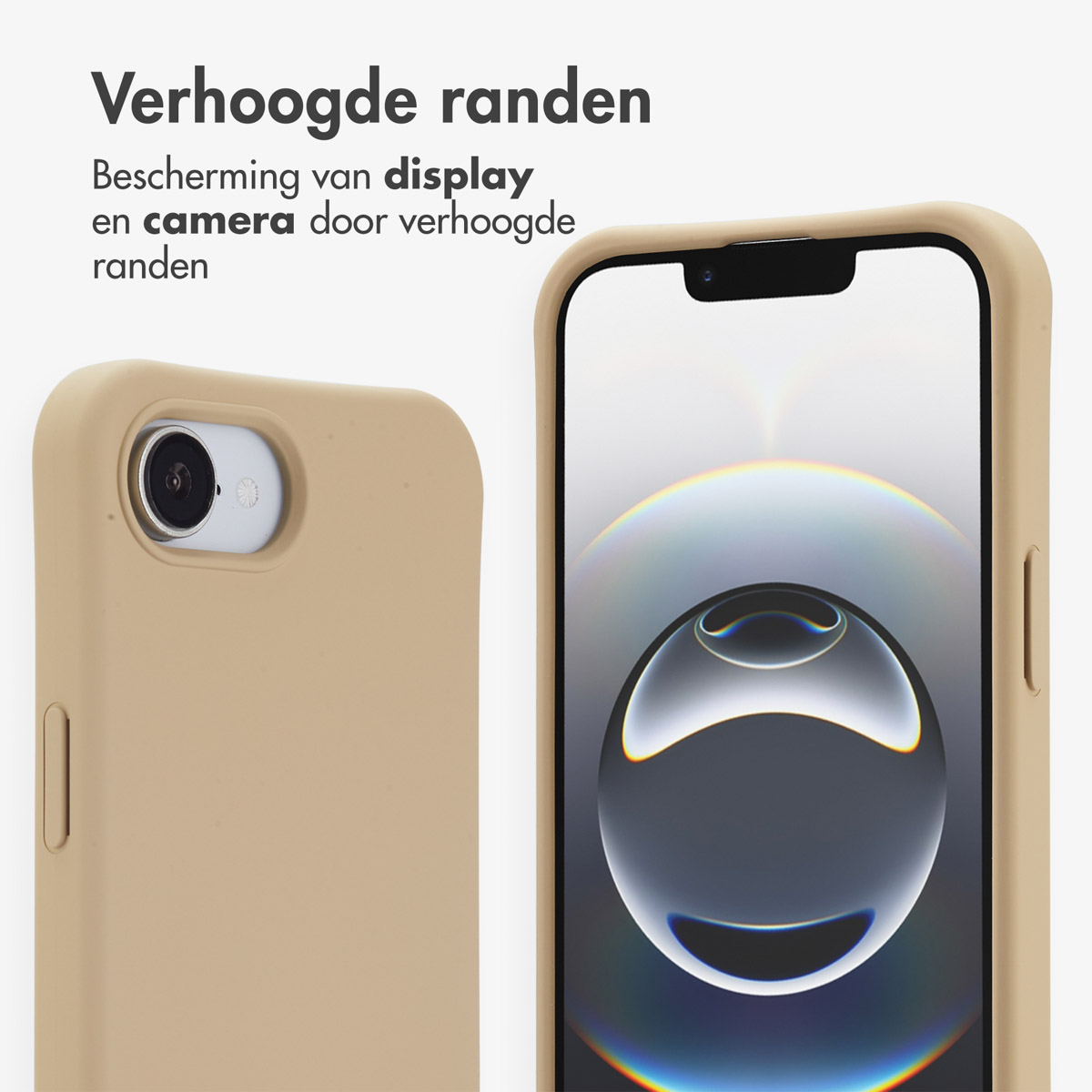 Twee beige telefoonhoesjes met telefoons erin, één met de camera en de andere met het scherm, tekst bovenaan.